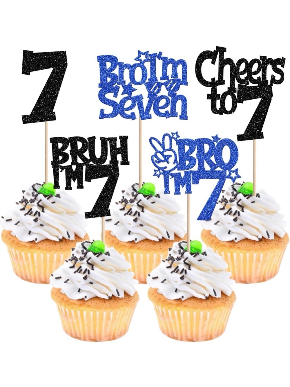 Glitter Number 7 Cupcake Toppers - Blue & Black Celebration Picks